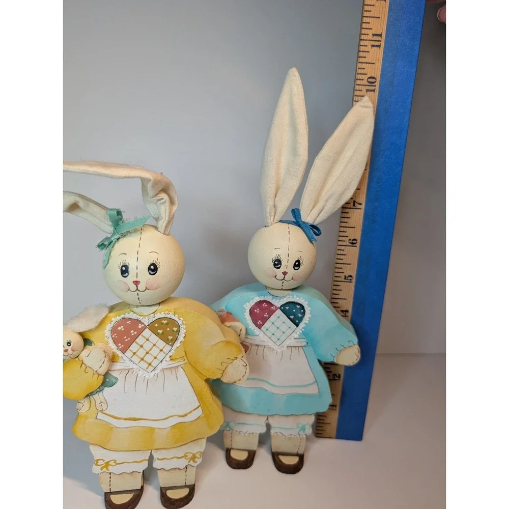 Vintage 1995 Set Of 3 Wooden Folk Art Bunnies Signed‎ Easter Hand Painted